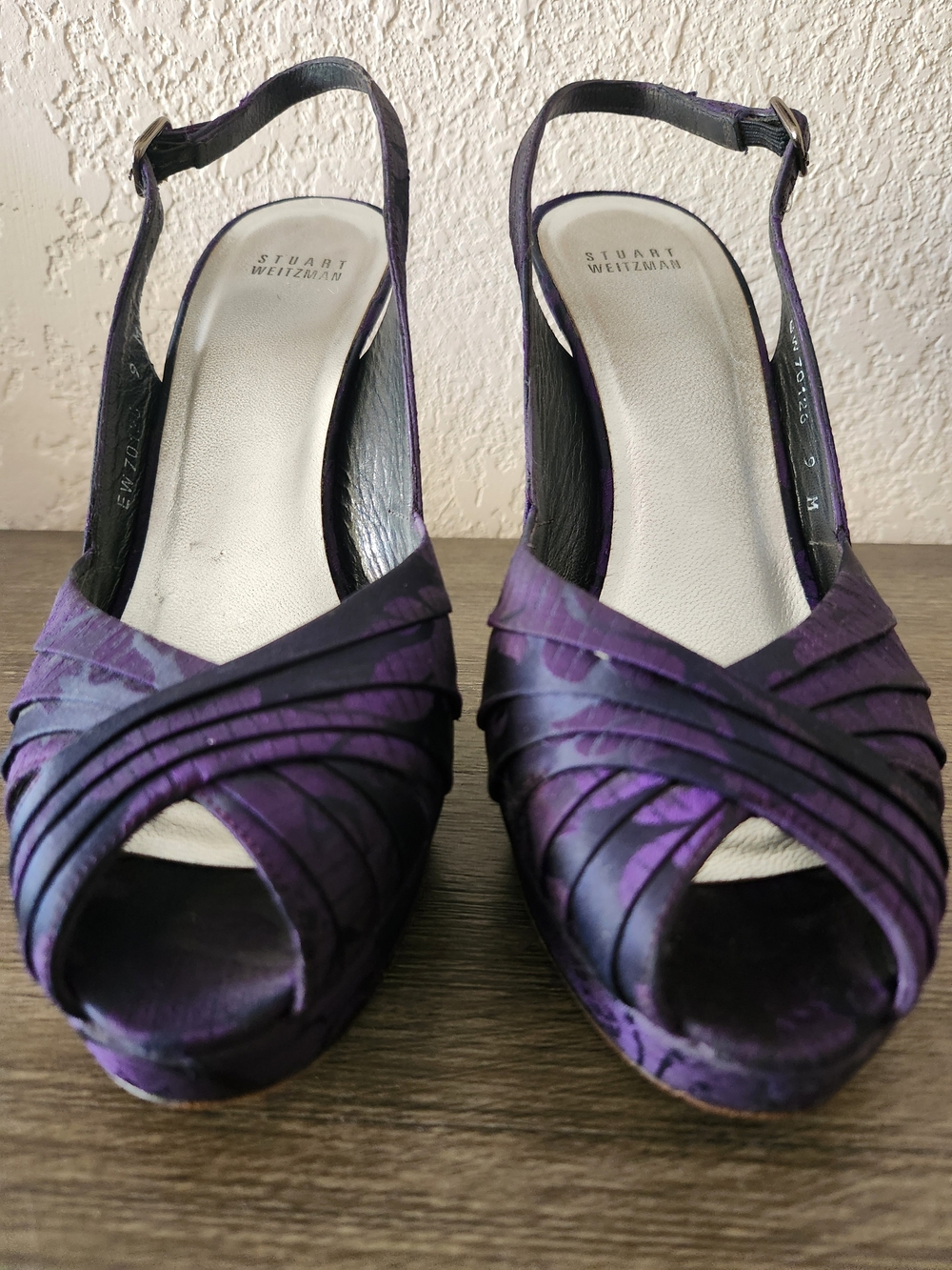Stuart Weitzman Purple Satin Peep-Toe Slingback Heels